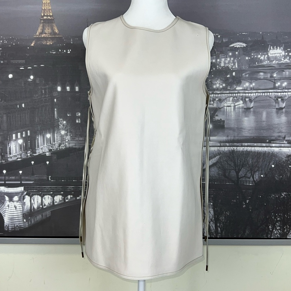 SALVATORE FERRAGAMO LEATHER/LACE TOP IN LIGHT BEIGE